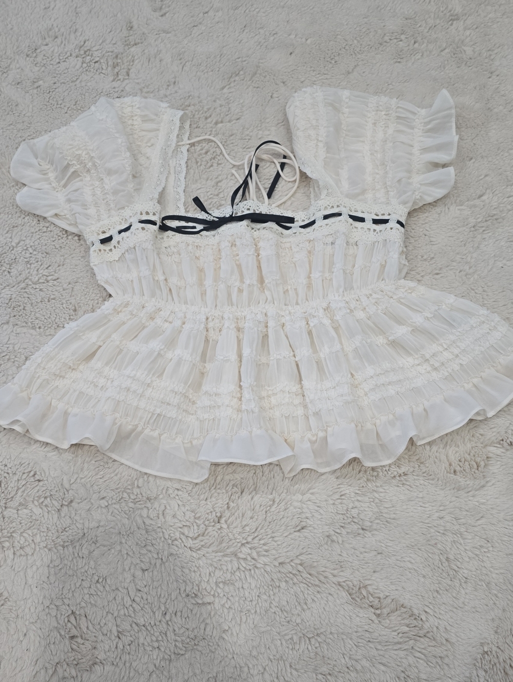 Kimchi Blue White Ruffled Peasant Top with Black Trim